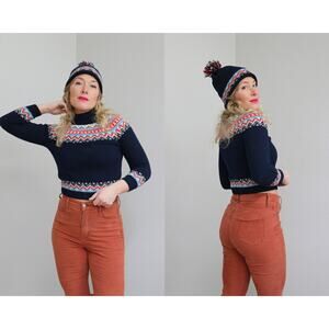 1970's Vintage Hand Knit Norwegian Wool Sweater & Hat Set ~ Women's XXS XS 70's